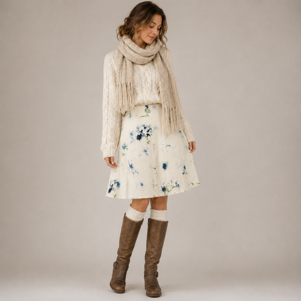 Ann Taylor Floral Linen A-Line Skirt Women’s Size 8 Blue White Cottagecore
